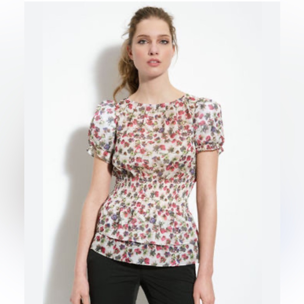 Ted Baker Floral Puff Sleeve‎ Peplum Blouse Size 3 Pink Short Sleeve Top